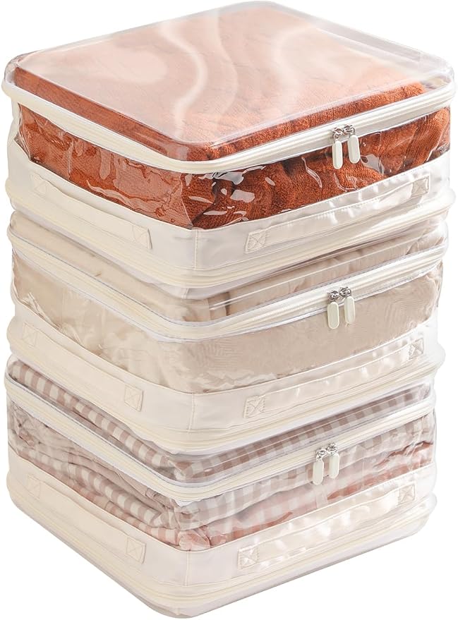 CoiiJoii 3 Pack Sheet Organizers And Storage, Double Side Clear Hard Shell Window. Expandable Blanket Storage Bags, Large Stackable Closet Storage Bins. - Image 7