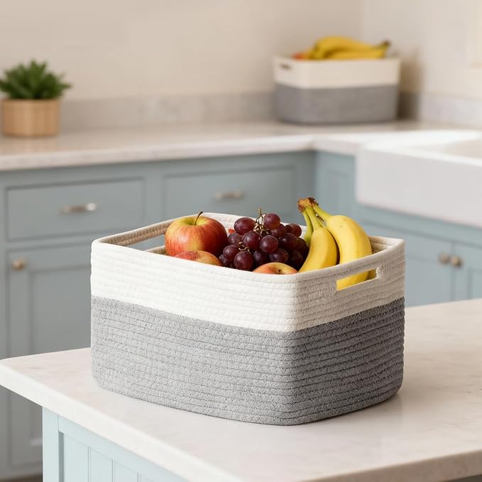 5 Pack Woven Storage Baskets, Decorative Storage Bins for Organizing | 13.8'' × 9.8'' × 7.9'', Cotton Rope Basket Organizer for Closet, Shelves, bathroom, Nursery, Toys, Books, Pantry, Gray/White - Image 8