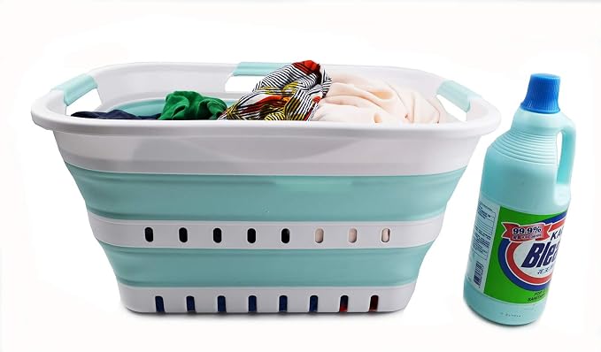 SAMMART Set of 2-30L (8 gallon) Collapsible Plastic Laundry Basket - Foldable Pop Up Storage Container/Organizer - Space Saving Hamper/Basket (2, White/Lake Green) - Image 8