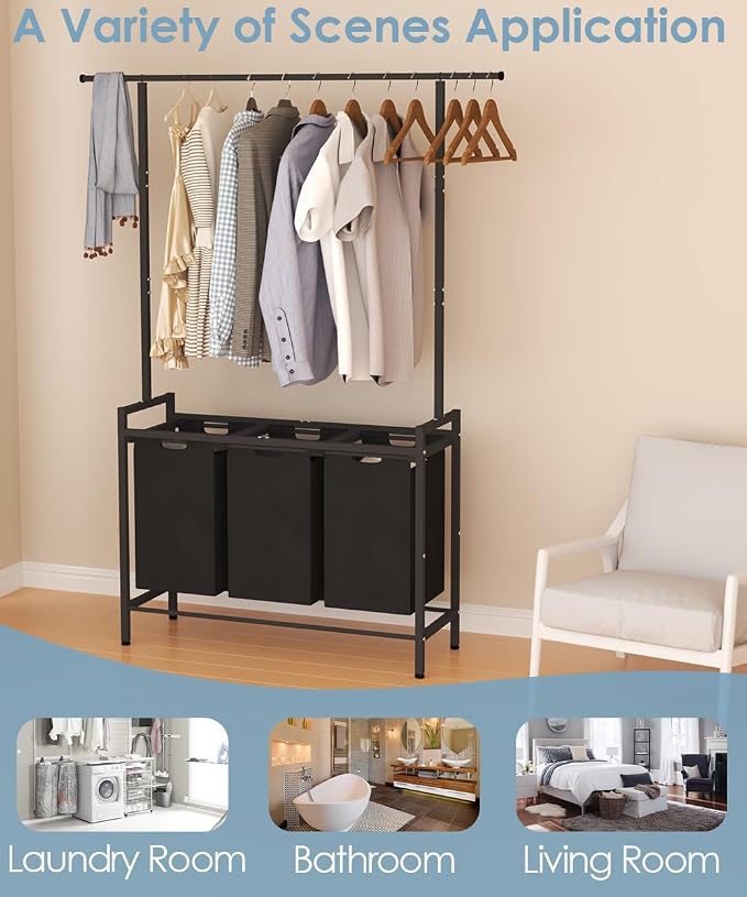Large Laundry Hamper with Clothes Rack Hanging Bar, 10 x 3 Gal Pull-Out & Removable Sorter Bags, Freestanding Laundry Basket Organizer for Bathroom, Bedroom and Laundry Room, Black - Image 7
