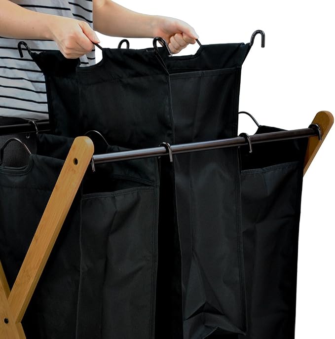 Oceanstar XBS1484 Bamboo 3-Bag Laundry Sorter Black, 29.75 in. H x 19.10 in. W x 27 in. - Image 5