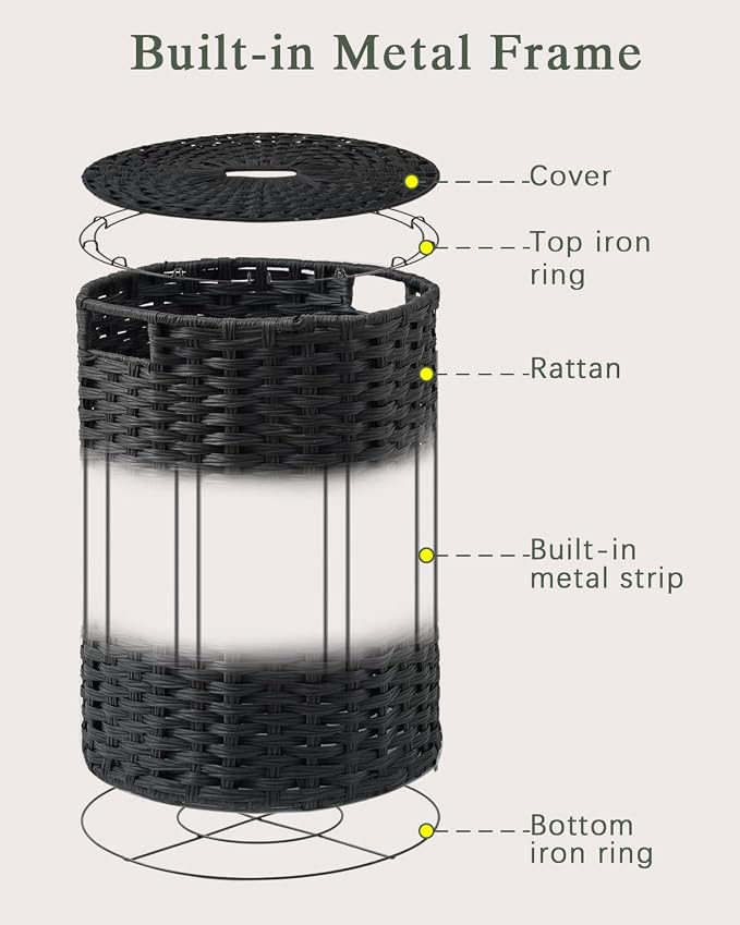 SETVSON Laundry Hamper with Lid, Round PE Rattan Basket, Black | 72L Compact Clothes Organizer with Lid, Removable Inner Bag with Handles, 2 Mesh Wash Bags, Space-Saving Storage Hamper - Image 8