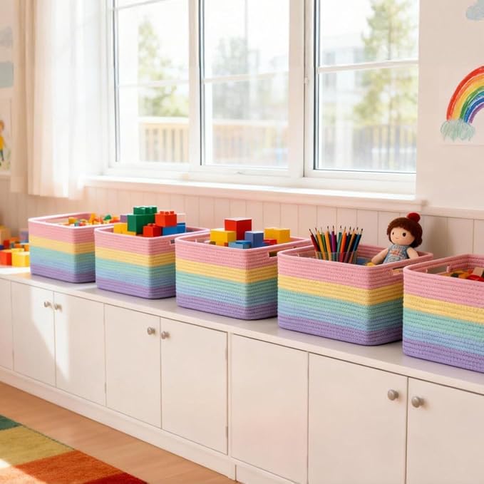 5 Pack Woven Storage Baskets, Decorative Storage Bins for Organizing | 13.8'' × 9.8'' × 7.9'', Cute Cotton Rope Basket Organizer for Closet, Shelves, bathroom, Nursery, Toys, Books, Rainbow - Image 8