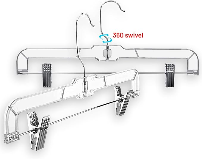 DEILSY™ Pants Hangers with Clips 12 Pack Skirt Hangers Clear Plastic | Hangers with clips and 360° swivel hook, pants hangers rubber-padded clips, ideal for jeans, trousers, skirts and shorts - Image 7