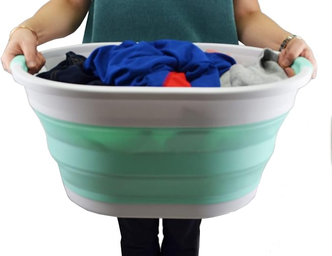 SAMMART 32L (8.4 Gallon) Collapsible Plastic Laundry Basket - Foldable Pop Up Storage Container/Organizer - Portable Washing Tub - Space Saving Hamper, Water Capacity: 24L (2, Grey+Light Green) - Image 7