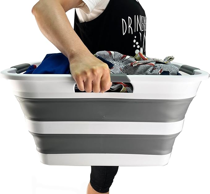 SAMMART Set of 2 Collapsible Plastic Laundry Basket/Organizer-Washing Tub-Foldable Pop Up Storage Container-Space Saving/Portable Hamper. Ideal for Home, Travel, Dorm & Camping (White/Steel Grey, 30L) - Image 8