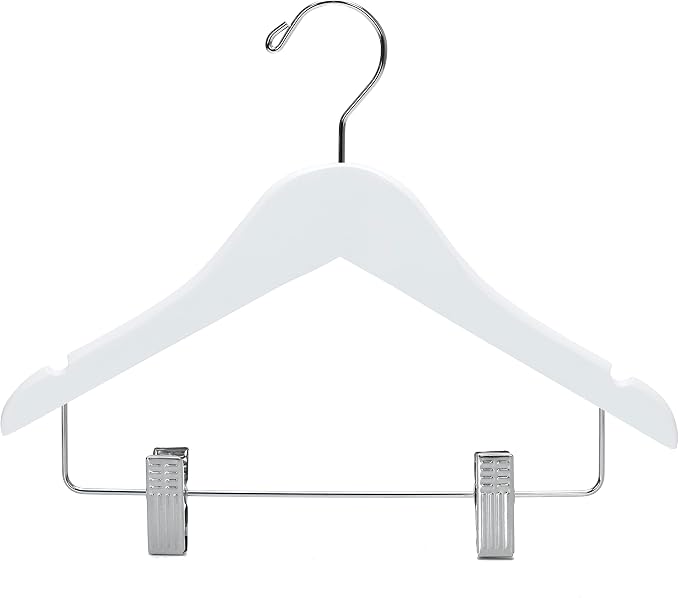 Quality Hangers Kids Wooden Pants Hangers 12 Inches - 80 Pack Skirt Hangers with Adjustable Metal Clips 360° Swivel Chrome Hook & Nonslip Notches- Ideal for Clothes Size 8 and Smaller (White, 80) - Image 9