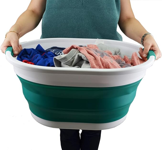 SAMMART 32L (8.4 gallon) Collapsible Plastic Laundry Basket - Foldable Pop Up Storage Container/Organizer - Portable Washing Tub - Space Saving Hamper, Water Capacity: 24L (2, Black+Dark Green) - Image 7