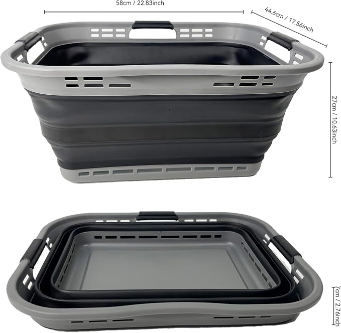 SAMMART Set of 2 Collapsible Plastic Storage Basket - Foldable Pop Up Storage Container - Portable Laundry Organizer - Space Saving Hamper (Grey/Black, 42L (Style A)) - Image 9