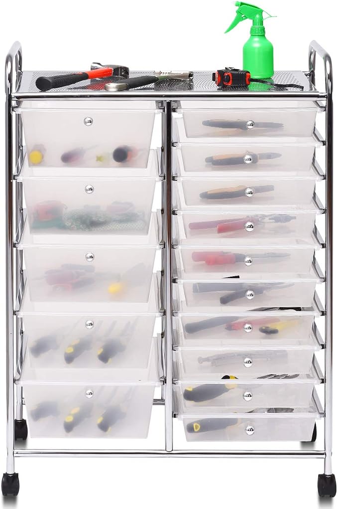 DREAMADE Rolling Cart with 15 Drawers, Clear Plastic Drawer Organizer w/Lockable Wheels, Removable & 2-Sized Storage Drawers, Art Cart for School Home Art Supplies Crafts File Scrapbook (Transparent) - Image 9