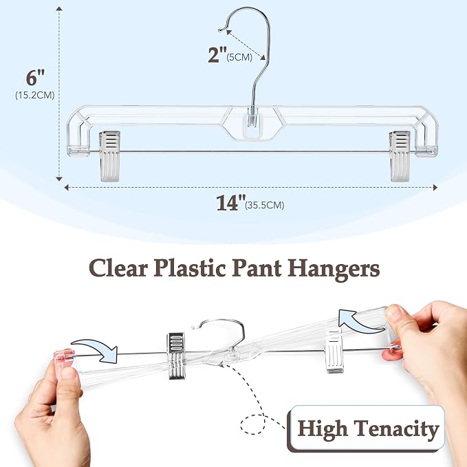 HOUSE DAY 100 Pack Heavy Duty Clear Pants Hangers, 14'' Skirt Hangers | No-Mark Clip Hangers with Stronger Grip, Adjustable Clips for Jeans, Pants, Skirts and Shorts, Bulk Retail, Boutique Hangers - Image 9