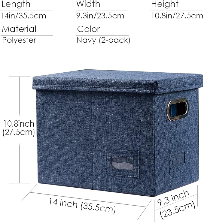 File Organizer Box - Set of 2 Collapsible Decorative Linen Filing Storage Hanging File Folders with Lids Office Cabinet Letter Size Navy Blue (14x9.3x10.8 inch) - Image 7