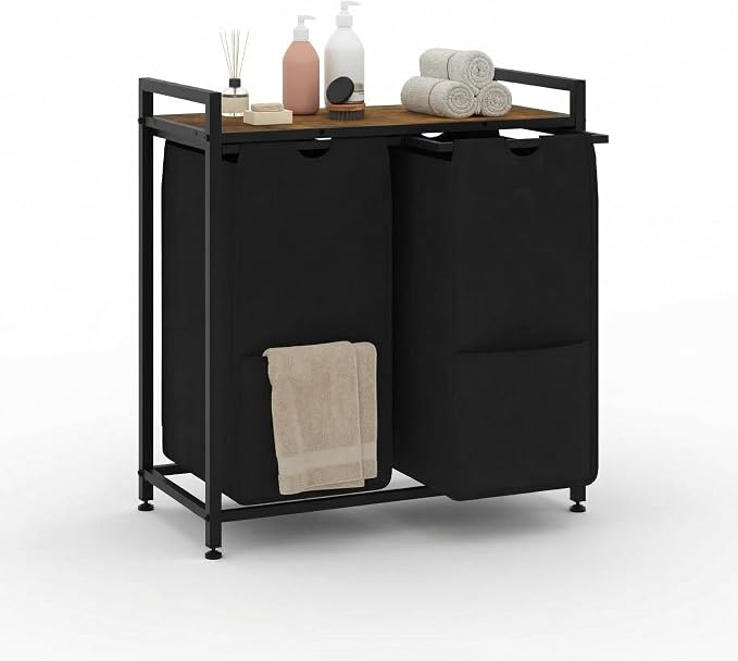 Garvee 97L Laundry Basket 2 Section, Laundry Hamper with Shelf & 2 Removable Bags, Dirty Clothes Basket Organizer for Bathroom Bedroom Room Organization, 2 x 12.8 Gal (48.5L), Rustic Brown + Black | Laundry Basket with Shelf & 2 Removable Bags, Dirty C... - Image 9