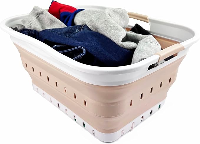 SAMMART 42L (11 gallon) Collapsible Plastic Laundry Basket - Foldable Pop Up Storage Container/Organizer - Portable Washing Tub - Space Saving Hamper/Basket (White/Latte) - Image 8