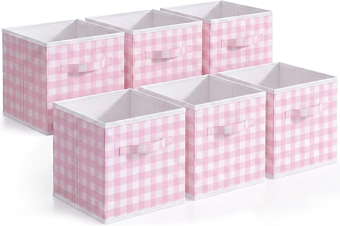 Yalikop 6 Pcs Pink Gingham Cube Storage Bins, 11 Inch Fabric Checkered Classroom Storage Bins Organizer with Handle Preppy Collapsible Cubby Basket for Classroom Home Nursery Playroom Bedroom - Image 8