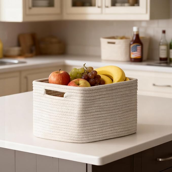 5 Pack Woven Storage Baskets, Decorative Storage Bins for Organizing | 13.8'' × 9.8'' × 7.9'', Soft Cotton Rope Basket Organizer for Closet, Shelves, bathroom, Nursery, Toys, Books, Pantry, White - Image 8