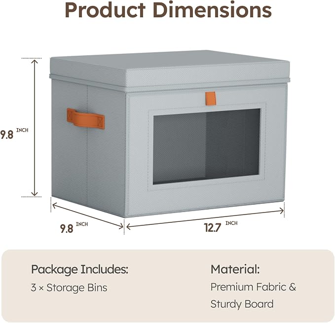 Storage Bins with Lids - Front Opening Storage Box with Clear Window & Handles, Stackable Foldable Fabric Bins for Closet Organization, Clothes, Sweaters, Towels, Blankets, 3 Pack, Grey - Image 8
