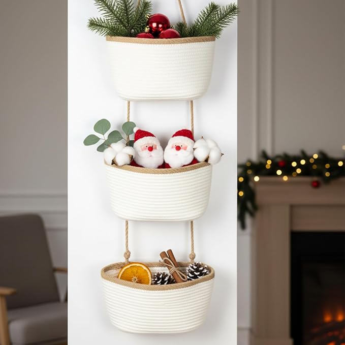 TeoKJ Over the Door Hanging Basket, 3-Tier Woven Cotton Wall-Mounted Storage Organizer Bag Decorative Hanging Nursery Baskets, White & Dark Brown - Image 8