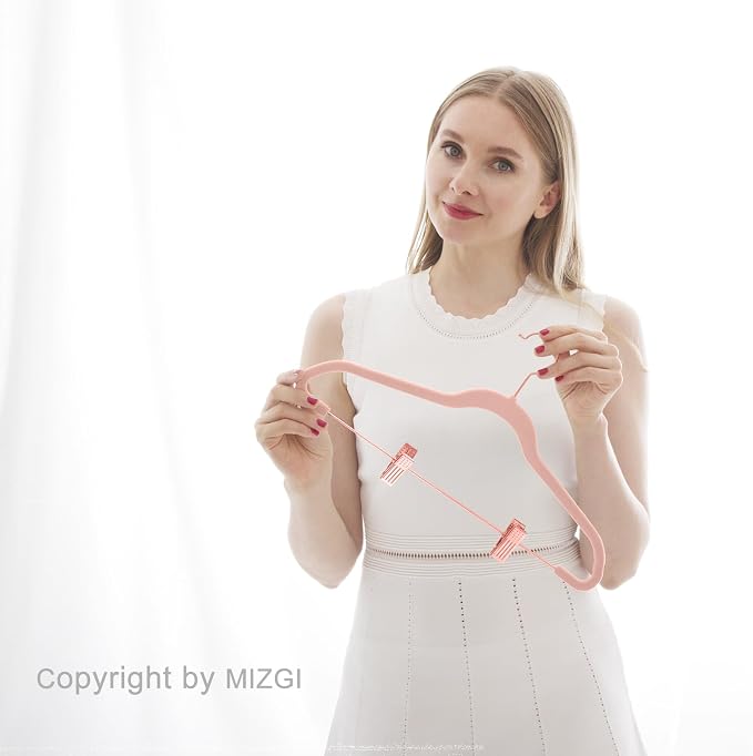 MIZGI Premium Velvet Pants Hangers with Clips (Pack of 30) Slim Skirt Hangers- Non Slip Felt Outfit Dress Hangers Blush Pink - Copper/Rose Gold Hooks,Space Saving Shirt Clothes Hangers - Image 7