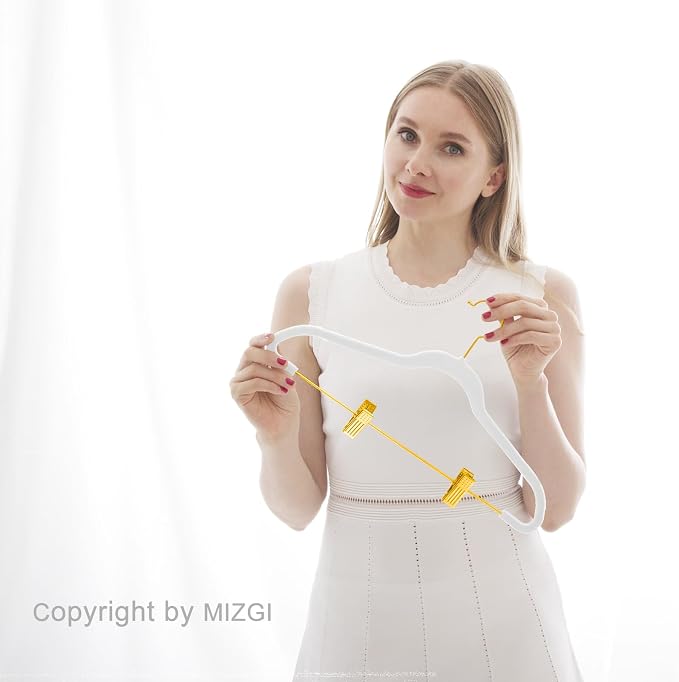 MIZGI Premium Velvet Pants Hangers with Adjustable Clips (Pack of 20) Slim Skirt Hangers- Non Slip Felt Outfit Dress Hangers White - Gold Hooks,Space Saving Shirt Clothes Hangers - Image 7