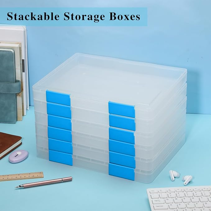 6 Pcs Clear Paper Storage Box,12.4 x 9.84 x 1.18 Inches,Blue | A4 Plastic File Box Document Paper Organizer Storage Board Game Project Cases Containers with Buckle for Craft, Magazine - Image 6