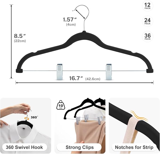HOUSE DAY Skirt Hangers 24 Pack, Velvet Pants Hangers with Adjustable Clips | Black, Space Saving Slim Shorts Hanger, Heavy Duty Non Slip Clip Hanger for Pants, Skirts, Shorts - 0-15inch Movable Clips - Image 9