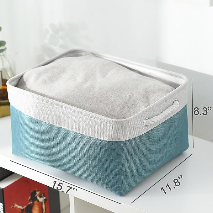 Fabric Storage Bin with Handles,Storage Basket for Home Storage and Organization, Shelf Basket with Cover for Living Room Bedroom Closet(White & Green Large,15.7L*11.8W*8.3H - Image 7