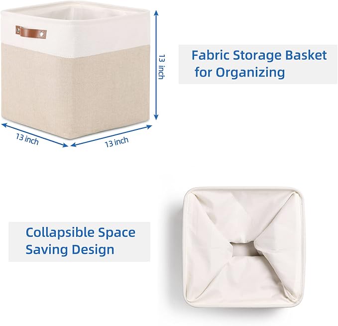 Temary Cube Storage Bins 13x13 Fabric Storage Cubes Baskets Set Of 4 Cloth Baskets for Shelf, Large Bin Empty Basket for Organizing, Shelf Basket (White&Khaki) - Image 7