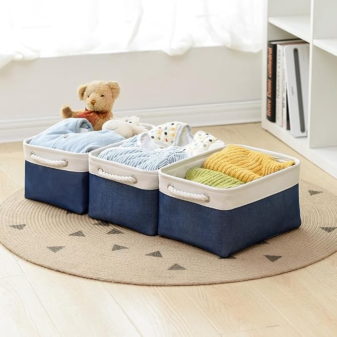 Storage Basket for Organizing - Medium 3 Pack 14x10x7 inch Fabric Storage Cubes for Shelves with Rope, Collapsible Storage Bin for Organizer Closet Cloth Gift Toy (White & Jean Blue) - Image 8