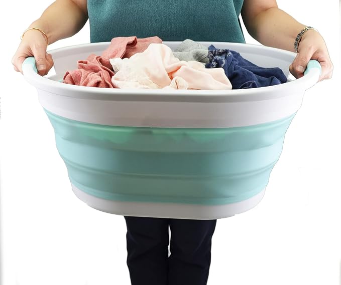 SAMMART 32L (8.4 gallon) Collapsible Plastic Laundry Basket - Foldable Pop Up Storage Container/Organizer - Portable Washing Tub, Water Capacity: 24L (1, White/Lake Green) - Image 7