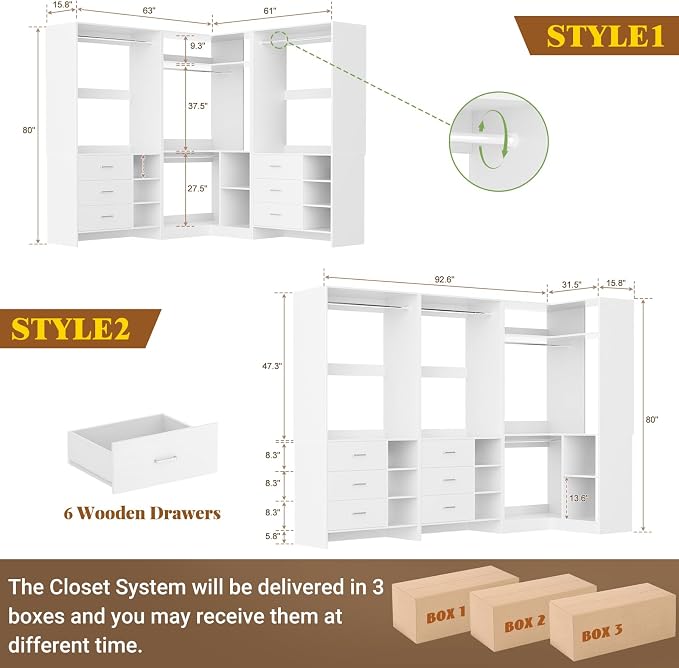 Aheaplus Closet System with 6 Drawers, 4 Hanging Rods & Corner Tower, Corner Closet System with Hanging, 92.6" L-Shaped Walk-In Wardrobe Organizer, 2000+ lbs Capacity, Set of 3, White - Image 7