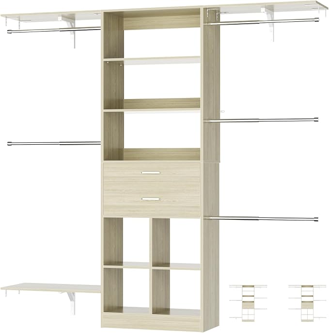 Small Closet System - 5FT Closet Organizer System with Wooden Drawers, 60 Inches Walk In Closet System With 5 Hanging Rods, Can Fit 1.58 to 6.8 FT with Reversible Hanging Shelving, Greige Oak - Image 9