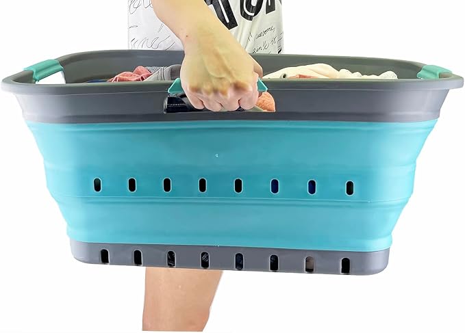 SAMMART 42L (11 gallon) Collapsible Plastic Laundry Basket - Foldable Pop Up Storage Container/Organizer - Space Saving Hamper/Basket (Grey/Crystal Blue) - Image 7
