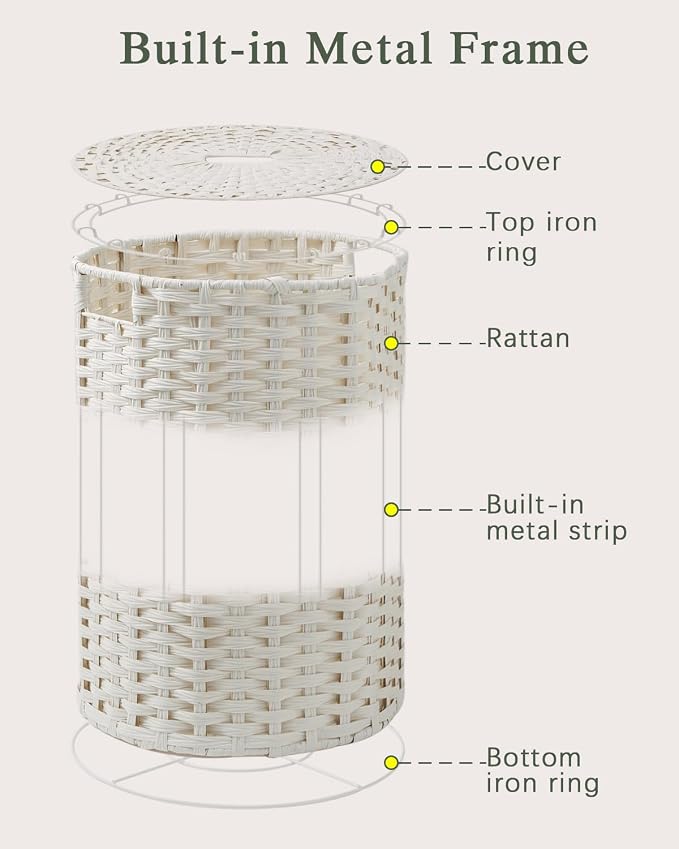 SETVSON Laundry Hamper with Lid Laundry Basket with Lid 72L, White | 19 Gal Round PE Rattan Hamper with Lid, Removable Washable Liner Bag, 2 Mesh Wash Bags, Steel Frame, Handles - Image 8