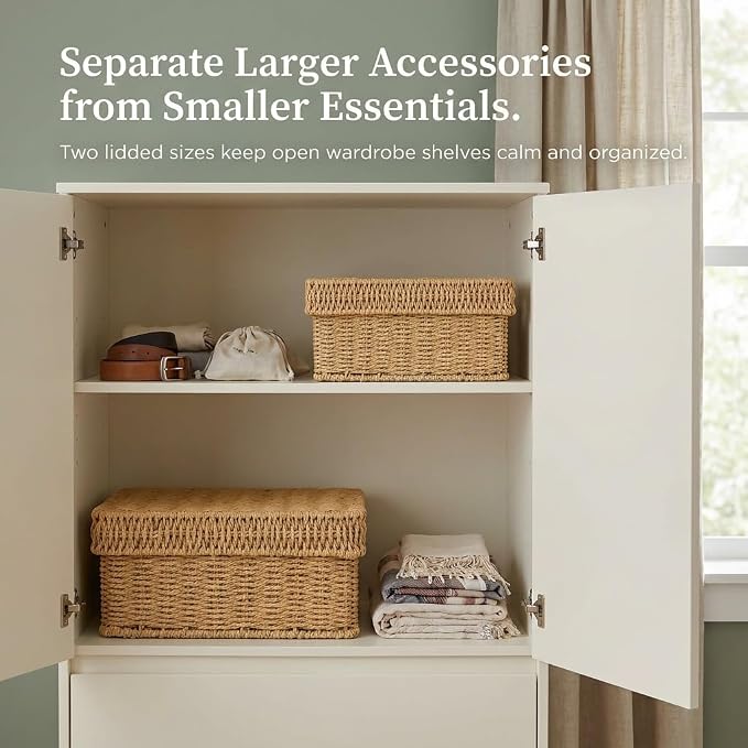 Wicker Storage Baskets with Lids for Shelves, 2-Basket Set, Natural | Two rectangular wicker baskets with removable lids, large and medium, for decorative shelf storage; lids flip into trays. - Image 8