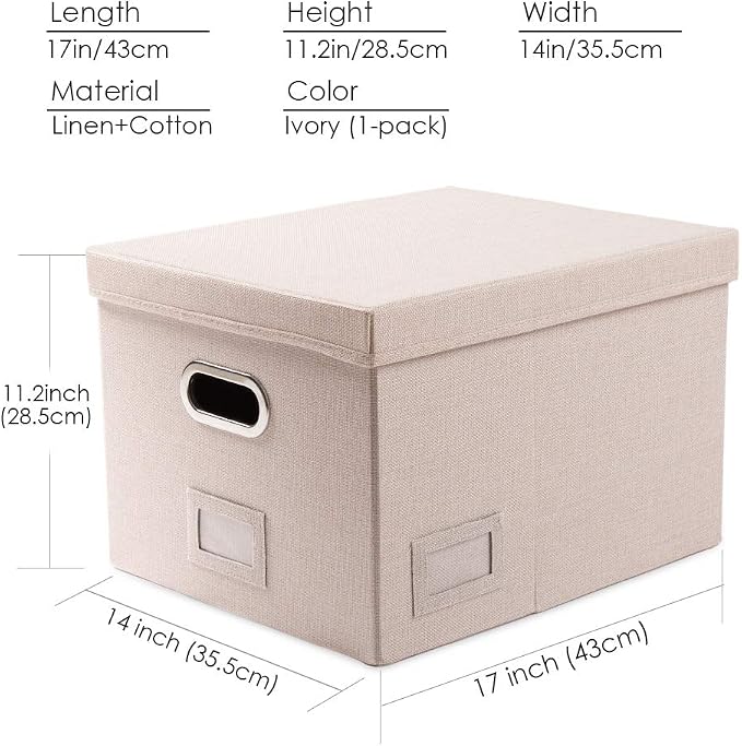 File Organizer Box - Set of 1 Collapsible Decorative Linen Filing Storage Hanging File Folders with Lids Office Cabinet Letter/Legal Size Light Grey (17x14x11.2 inch) - Image 7