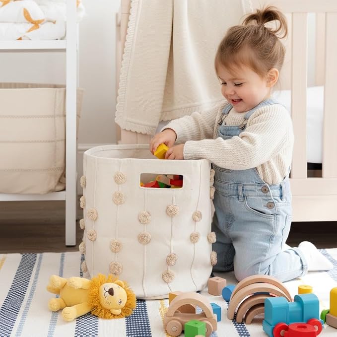 Storage Bins for Kids Nursery Bin Organizer (13"x12") Laundry Basket for Closet, Decorative Floor Storage Basket Canvas Fabric Storage Basket (Pompom - Pecan) - Image 6