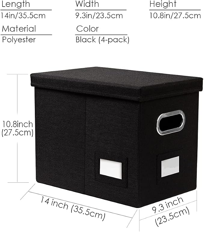 File Organizer Box - Set of 4 Collapsible Decorative Linen Filing Storage Hanging File Folders with Lids Office Cabinet Letter Size Black (14x9.3x10.8 inch) - Image 7