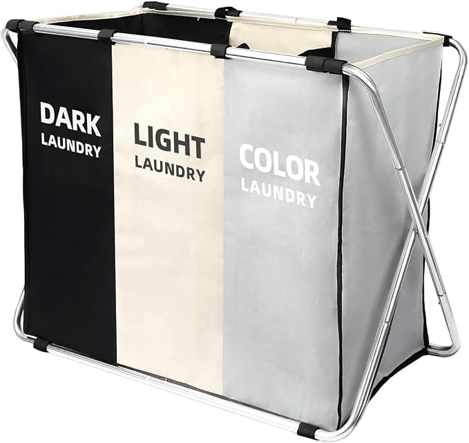 Laundry Cloth Hamper Sorter Basket Bin Foldable 3 Sections with stainless steel Frame Washing Storage Dirty Clothes Bag for Bathroom Bedroom Home Storage Basket(3 Liner, White+grey+black) - Image 8