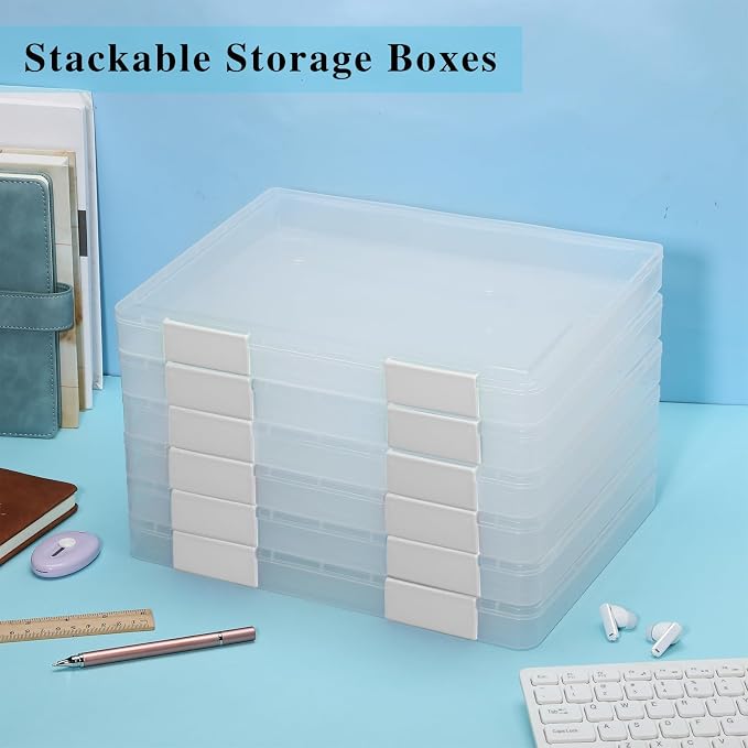 6 Pcs Clear Paper Storage Box,12.4 x 9.84 x 1.18 Inches,White | A4 Plastic File Box Document Paper Organizer Storage Board Game Project Cases Containers with Buckle for Craft, Magazine - Image 6