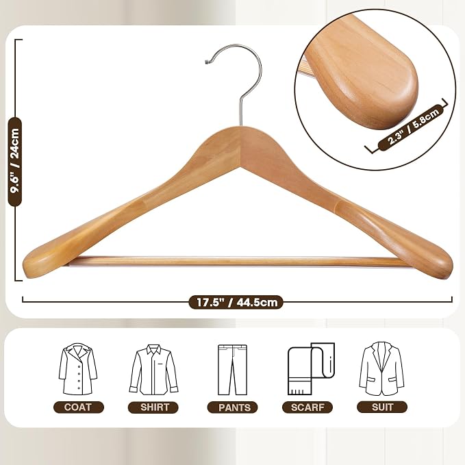 Wide Shoulder Hanger 10 Pack,Solid Wood Hanger,Heavy Duty Suit Hangers,Coat Hangers with Retotating Hooks & Non Slip Pants Bar,Smooth Clothes Hangers for Sweater, Pants, Jacket(Natural - Image 7