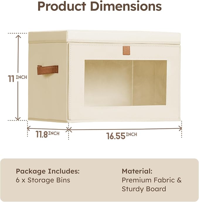 Storage Bins with Lids - Front Opening Storage Box with Clear Window & Handles, Stackable Foldable Fabric Bins for Closet Organization, Clothes, Sweaters, Towels, Blankets, 6 Pack, Beige - Image 8