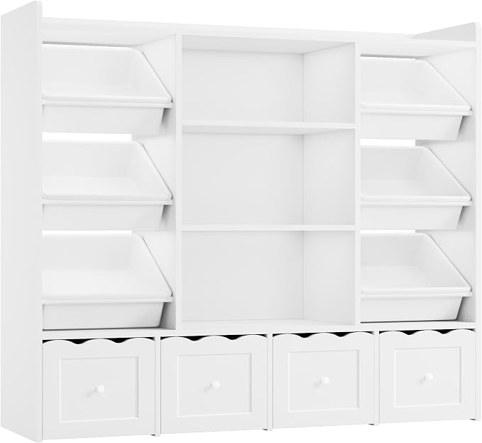 HITHOS 55" W Kids Toy Storage Organizer with 10 Toy Box & Book Shelf, White | Large Toy Organizers and Storage with Kids Bookshelf & 6 Plastic Toy Chests & 4 Movable Drawers for Kids Room, Playroom - Image 8
