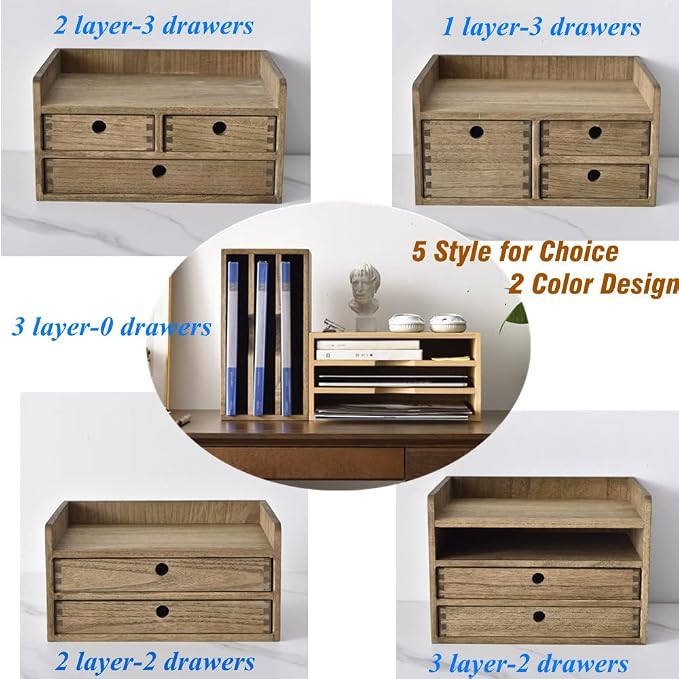 KIRIGEN Wooden Desk Organizer with 3 Drawers and Top Tray Natural DT2D3C-NA | 3-Drawer Cabinet with Top Shelf Stores Papers, Office Supplies, Cosmetics, Crafts, and Small Accessories on Desks or Counters - Image 8