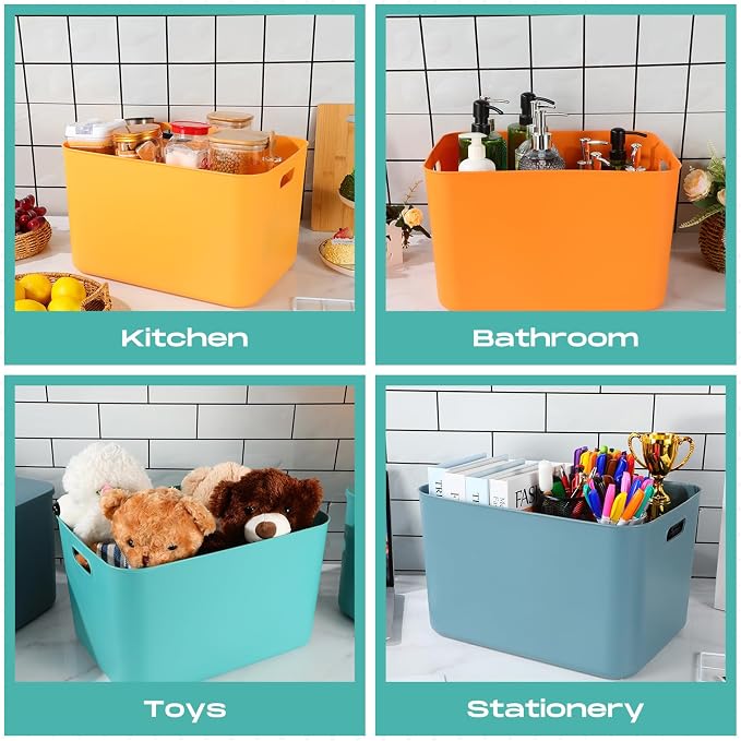 8 Pack Storage Bins, 16.1 X 12.0 X 9.7 Inch Multi-colored | Plastic Stackable Containers with Lid Handle, For Shelves Desktop Playroom Office, Organizing Toys Books Supplies Storage - Image 7