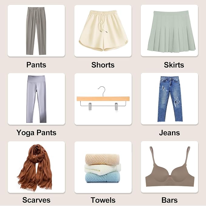 TOPIA HANGER Lotus Wood Pants Hangers, Natural Wooden Skirt Short Jeans Trouser Hanger with Smooth Surface 360° Swivel Hook Anti Rust 2 Adjustable Clips, 20 Pack, CT10PY20 - Image 7