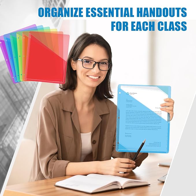 Seajan 24 Pcs Binder Pocket Folders, Clear 3 Ring Binder, Multicolor | Plastic Folders Sleeves with 2 Pockets, Poly Slash File Jackets, 3 Hole Punched Dividers for School, Office, Documents - Image 6