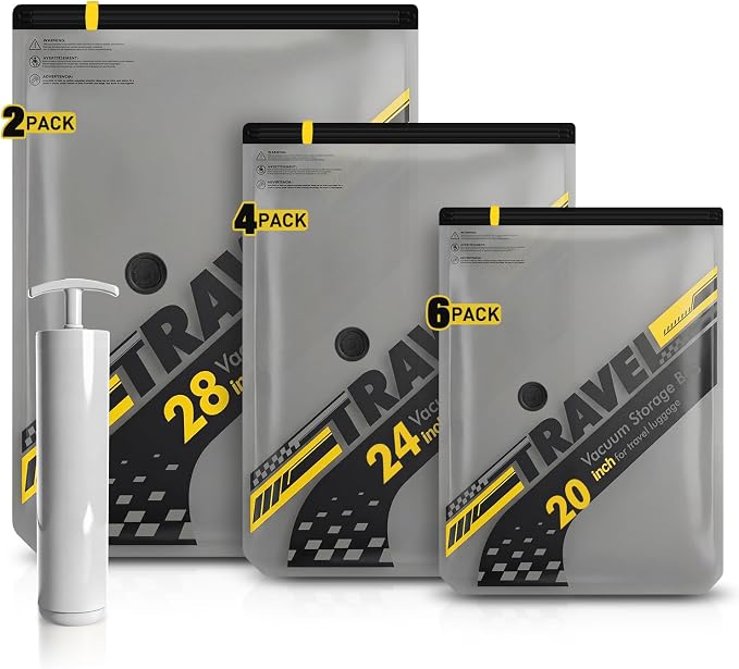 12 Pack Travel Vacuum Bags with Pump,Vacuum Seal Bags for Clothing Travel, Space Saver vacuum storage bags for Clothes, Blankets & Luggage Organization by WellMall