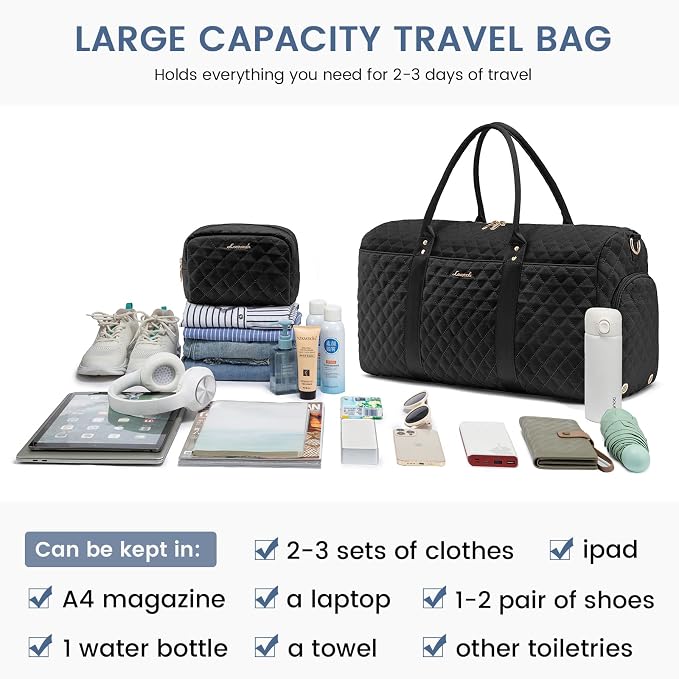 LOVEVOOK Travel Duffle Bag, Weekender Bags for Women with Shoe Compartment, Quilted Carry on Overnight Bag with Toiletry Bag, Hospital Bags for Labor and Delivery, Gym Duffel Bag with Wet Pocket Black - Image 7