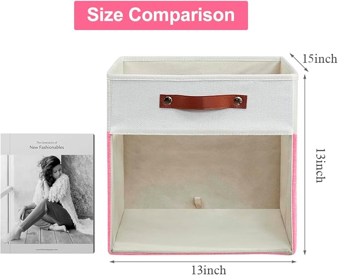 Storage Cubes, 4 Pack Linen Foldable Storage Bins with Clear Window and 2 Handles, 13x15x13 Storage Cube Bins for Shelf Closet, Kallax, Clothes, Books - (Pink / Off-White) - Image 7